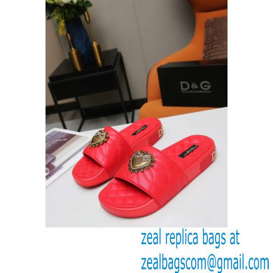 Dolce  &  Gabbana Matelasse Leather Beachwear Sliders Red with Devotion Heart 2021